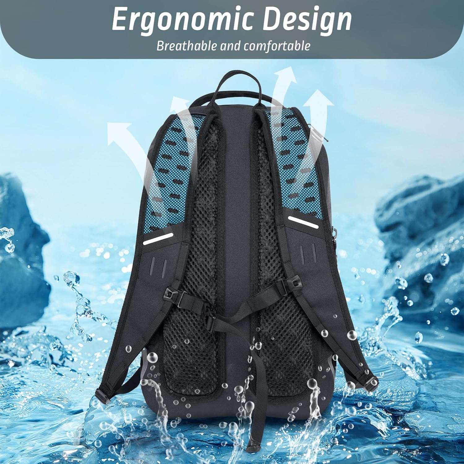 alt="Back view of Trudave FloatPack Series 30L waterproof fishing backpack showing ergonomic design with breathable mesh padding and padded shoulder straps for comfort and airflow during outdoor use"
